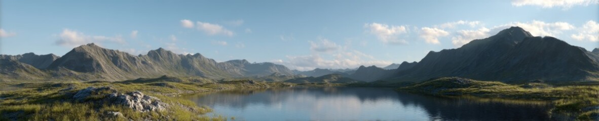 Fototapeta premium Scenic hdr landscape panorama serene lake nature bright daylight wide view