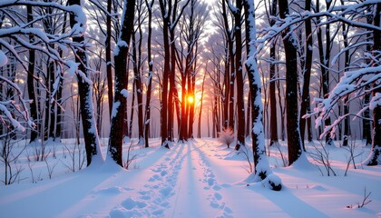 A serene winter landscape at sunset, featuring a forest of tall trees blanketed in snow under the warm glow of the setting sun.
