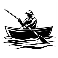 Fisherman with a fishing rod in a boat - cut out vector silhouette

