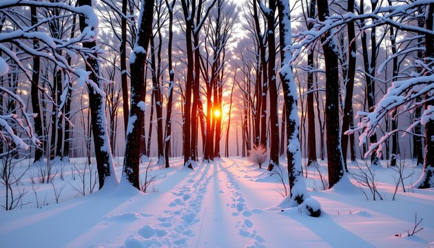 A serene winter landscape at sunset, featuring a forest of tall trees blanketed in snow under the warm glow of the setting sun.