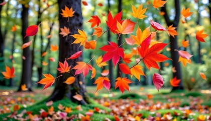 A serene autumn scene with a forest floor covered in fallen leaves of various hues. Leaf clusters are captured mid flight, creating a sense of motion against the backdrop of the wooded area.