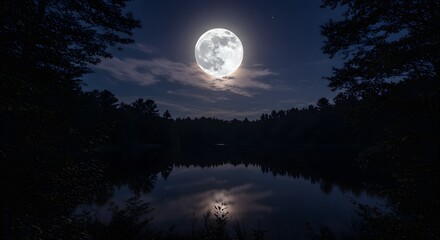 Fototapeta premium Full moon shining over dark forest and reflecting on still water at night