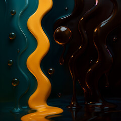 Abstract background with red liquid flowing in a swirl of golden and blue satin silk texture