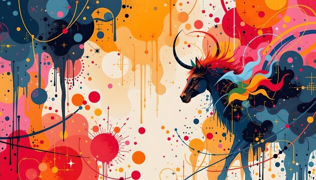 An artistic illustration of a bull within a vibrant and dynamic abstract environment. The bull is centrally placed, with its head turned slightly to the left, as if looking forward