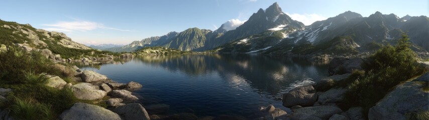 Fototapeta premium Majestic mountain reflections scenic lake hdr panorama nature landscape