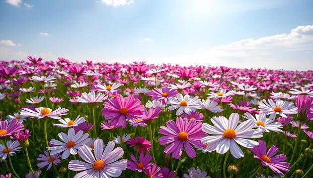 A field of white and pink cosmos flowers in bloom in a vast meadow under a blue sky. Wildflowers. - Powered by Adobe