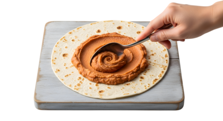A hand spreading refried beans onto a tortilla with a spoon, isolated on transparent background