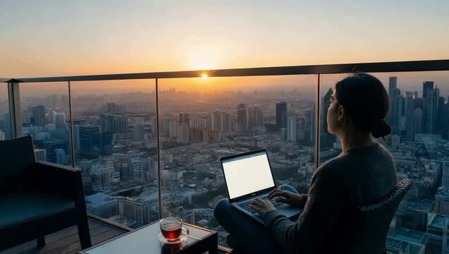 Work from anywhere setups grant freedom. A person on a high-rise balcony works on a laptop, enjoying a city sunset. Modern work flexibility