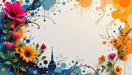 An artistic floral background with vibrant flowers and a whimsical design element that resembles a flying bird in mid flight above a stylized landscape