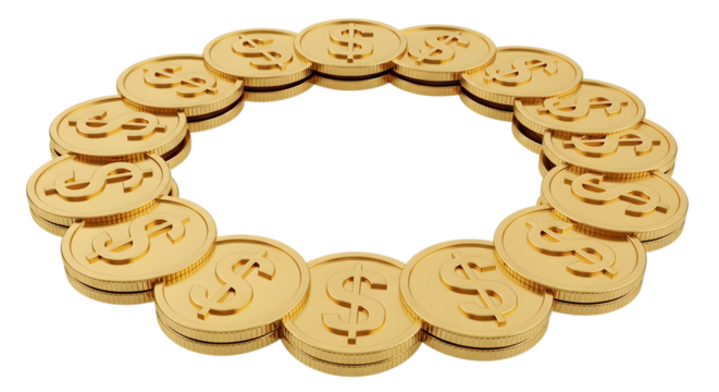 A circle of gold coins with dollar signs, isolated on transparent background - Powered by Adobe