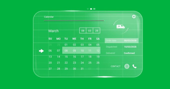Animation of tablet with order delivery date calendar on screen, transparent background
