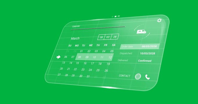 Animation of tablet with order delivery date calendar on screen, transparent background