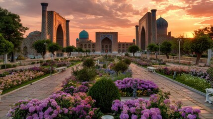 Obraz premium Beautiful garden with colorful flowers leading to historic architectural structures at sunset