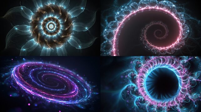 Fractal spirals glow with swirling neon lights in an abstract, mesmerizing display