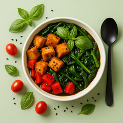 A closeup of a fresh, healthy vegetarian vegetable salad with tomato and green pepper in a white bowl ready for a delicious dinner meal