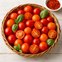 Fresh red tomatoes and green leaves in a basket are healthy, ripe vegetables and fresh fruit for a vegetarian diet