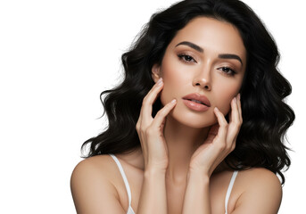 Fototapeta premium Woman posing with hands on her face on transparent background