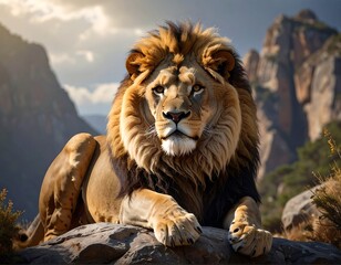 Obraz premium Majestic male lion rests on rock, mountains in background, sunlit