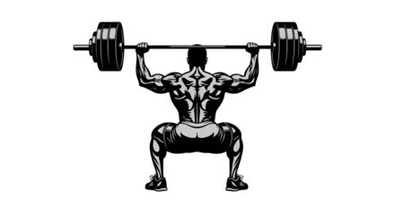 Silhouette of a muscular bodybuilder performing a heavy squat with a barbell on his shoulders, isolated on transparent background