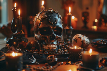 Ornate skull surrounded by flickering candles and dark vintage decorations