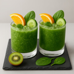 Cold fresh green lime and orange juice beverage in a glass is a healthy fruit drink