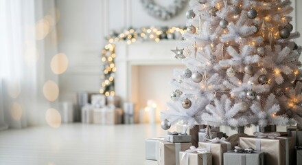 Festive Holiday Interior: A beautifully adorned Christmas tree stands proudly in a warm, inviting home interior, set against a backdrop of a fireplace and sparkling decorations.
