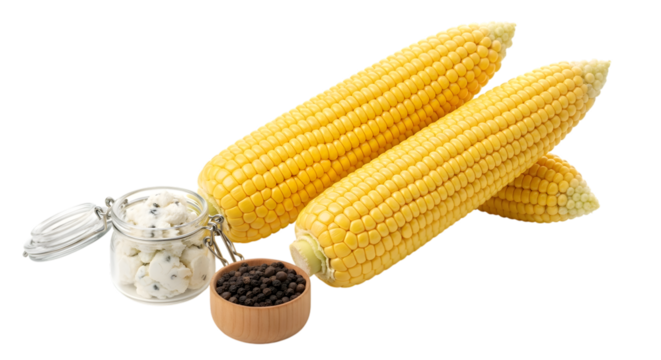 Two fresh ears of corn with a small jar of salt and a wooden bowl of peppercorns, isolated on transparent background