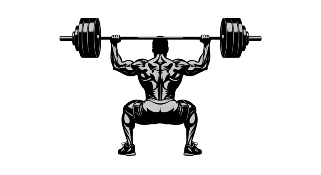 Silhouette of a muscular bodybuilder performing a heavy squat with a barbell on his shoulders, isolated on transparent background