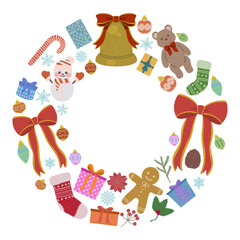 ホリデーシーズンを彩るモチーフで構成されたリースのイラスト