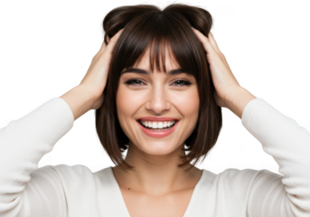 Smiling woman with short brown hair isolated on transparent background