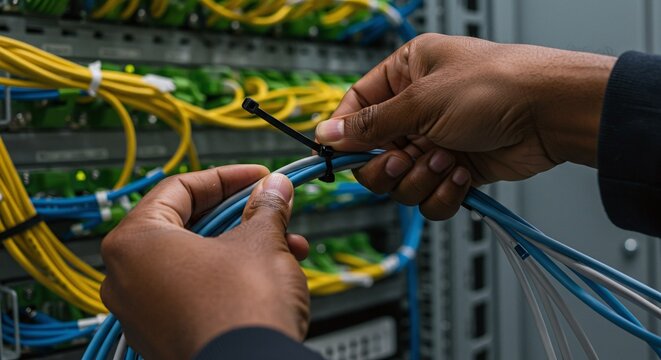 An IT technician performs cable management, organizing network wires in a server rack with a zip tie. Concept of network infrastructure and administration.
