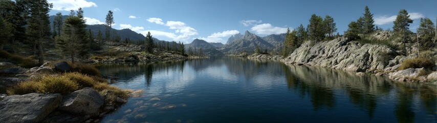 Panoramic hdr landscape view of tranquil lake in nature environment