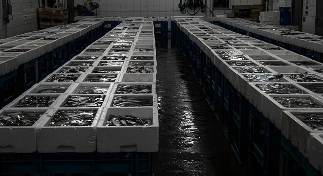 Rows of white containers filled with seafood in a commercial setting