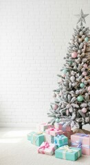 Festive Christmas Scene: A beautifully decorated Christmas tree, adorned with ornaments and topped with a star, stands next to a collection of colorful gift boxes.