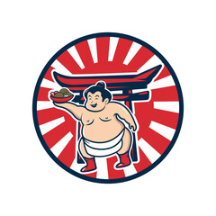 Happy Sumo Wrestler Serving Ramen Logo Design vector