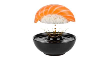 Salmon sushi nigiri with soy sauce splash isolated on transparent background