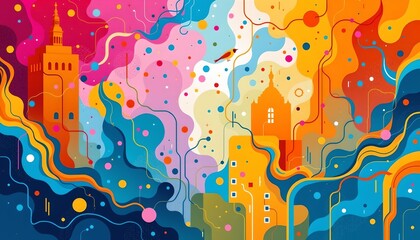 The image is an illustrated poster featuring a vibrant and colorful cityscape with various buildings and towers depicted in a stylized manner