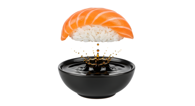 Salmon sushi nigiri with soy sauce splash isolated on transparent background - Powered by Adobe
