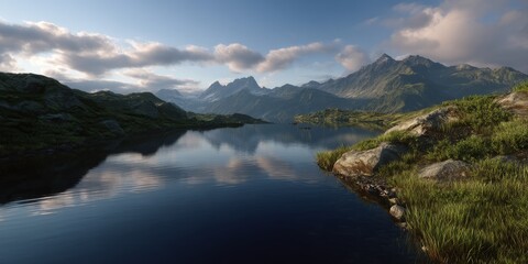 Panoramic hdr landscape reflection mountain lake nature serene environment