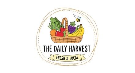 Fresh Produce Basket Illustration with Cartoon Bee Graphic