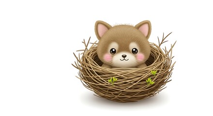 Cute Animal Illustration in Nest with Little Plant Sprouts