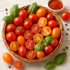 Fresh organic tomatoes and basil in a basket are a healthy and natural ingredient for a salad