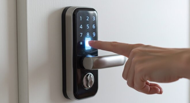 A person enters a code on the digital keypad of a smart lock to gain keyless entry. Concept of a digital home security system.