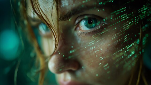 Woman's eye reflecting green digital data code - Powered by Adobe