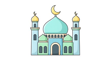 Mosque Illustration with Crescent Moon on White Background