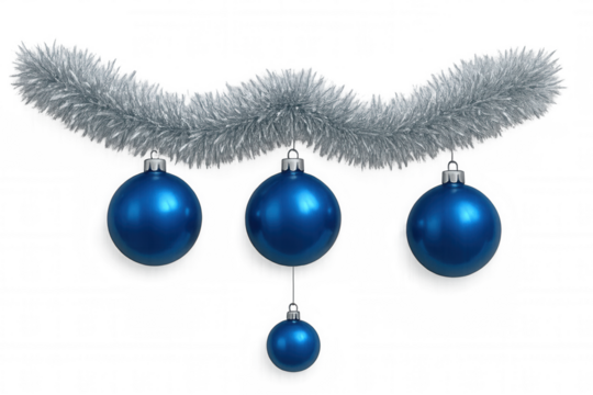 Silver garland with blue christmas ornaments hanging, representing festive holiday decoration and celebration