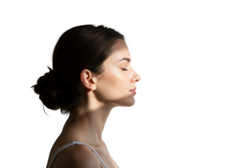 Woman in profile with sunlight on her face, isolated on transparent background