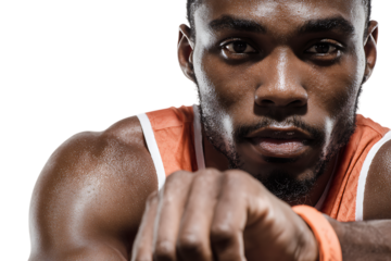 Closeup portrait of a sweaty african american man, a basketball player, looking intensely at the camera, isolated on transparent background