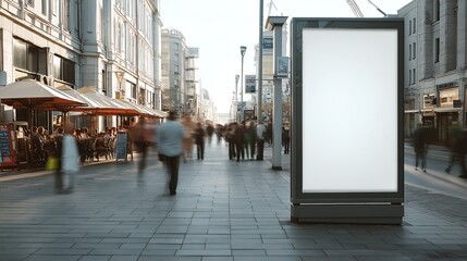 Blank Advertisement Display in an Urban Outdoor Setting with Restaurant and Shoppers in the Background