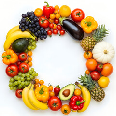 Fresh, healthy fruits and vegetables isolated, including ripe apple, grape, orange, banana, tomato, kiwi, lemon, and strawberry
